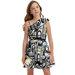 New York City Nyc Broadway Doodle Art Kids  One Shoulder Party Dress by Grandong