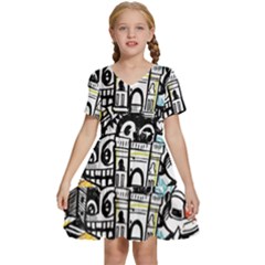 New York City Nyc Broadway Doodle Art Kids  Short Sleeve Tiered Mini Dress by Grandong