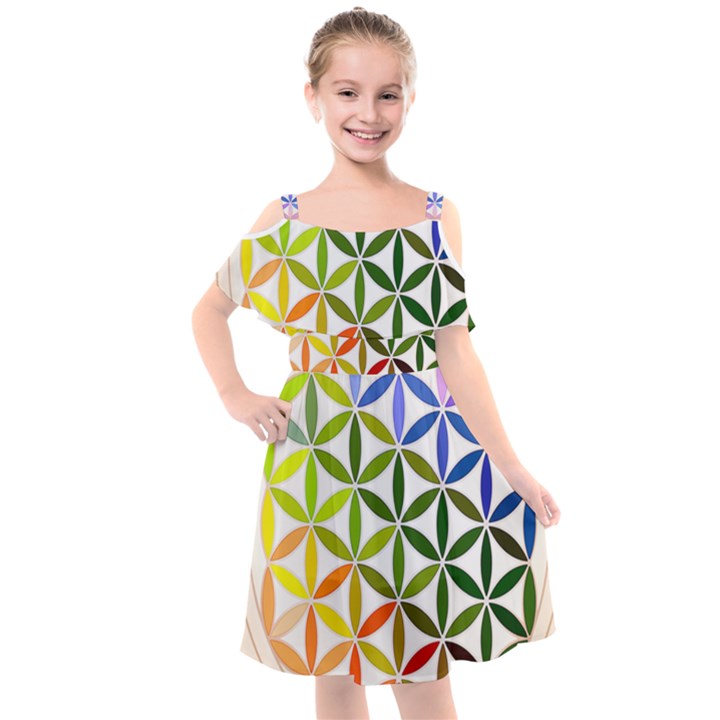 Mandala Rainbow Colorful Kids  Cut Out Shoulders Chiffon Dress