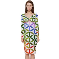 Mandala Rainbow Colorful Long Sleeve V-neck Bodycon Dress 