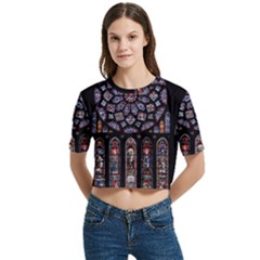 Chartres Cathedral Notre Dame De Paris Stained Glass Women s Round Neck Short Sleeve Crop Top