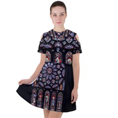 Chartres Cathedral Notre Dame De Paris Stained Glass Short Sleeve Shoulder Cut Out Dress 