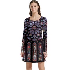 Chartres Cathedral Notre Dame De Paris Stained Glass Long Sleeve Velour Skater Dress by Grandong