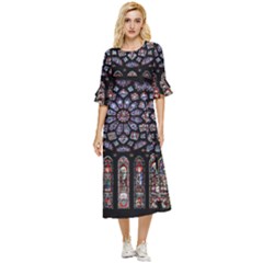 Chartres Cathedral Notre Dame De Paris Stained Glass Double Cuff Midi Dress by Grandong