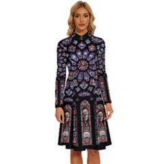 Chartres Cathedral Notre Dame De Paris Stained Glass Long Sleeve Shirt Collar A-line Dress by Grandong