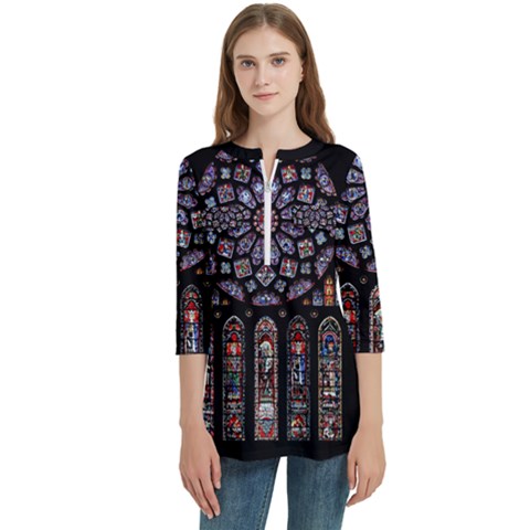 Chartres Cathedral Notre Dame De Paris Stained Glass Women s Zip Front V-neck 3/4 Sleeve Casual Top Pocket Shirt by Grandong