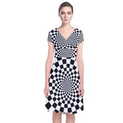 Geomtric Pattern Illusion Shapes Short Sleeve Front Wrap Dress