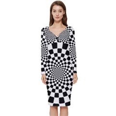 Geomtric Pattern Illusion Shapes Long Sleeve V-neck Bodycon Dress 