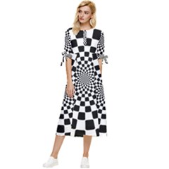 Geomtric Pattern Illusion Shapes Bow Sleeve Chiffon Midi Dress