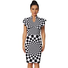 Geomtric Pattern Illusion Shapes Vintage Frill Sleeve V-neck Bodycon Dress