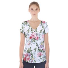 Floral Elements Peony Chinese Rose Short Sleeve Front Detail Top