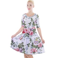 Floral Elements Peony Chinese Rose Quarter Sleeve A-line Dress With Pockets