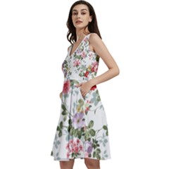 Floral Elements Peony Chinese Rose Sleeveless V-neck Skater Dress With Pockets