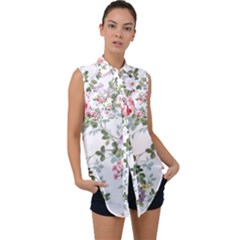 Floral Elements Peony Chinese Rose Sleeveless Chiffon Button Shirt