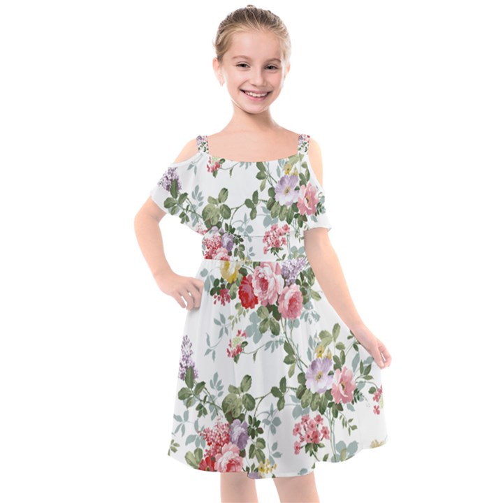 Floral Elements Peony Chinese Rose Kids  Cut Out Shoulders Chiffon Dress