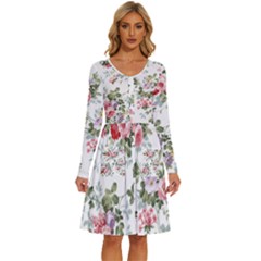 Floral Elements Peony Chinese Rose Long Sleeve Dress With Pocket