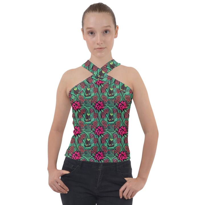 Retro 1880s Flowers Pattern 3 Cross Neck Velour Top