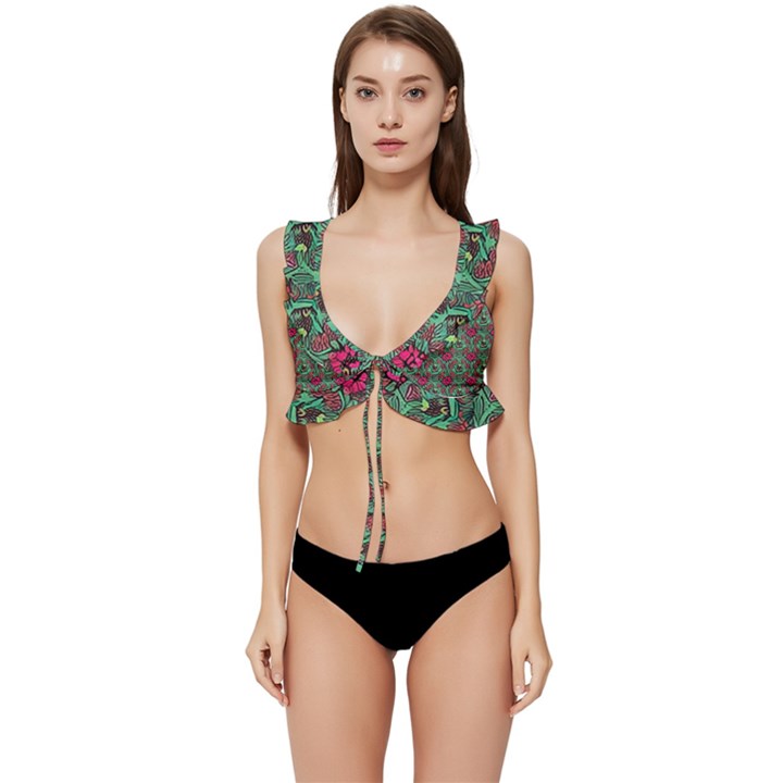 Retro 1880s Flowers Pattern 3 Low Cut Ruffle Edge Bikini Top