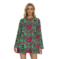 Retro 1880s Flowers Pattern 3 Round Neck Long Sleeve Bohemian Style Chiffon Mini Dress