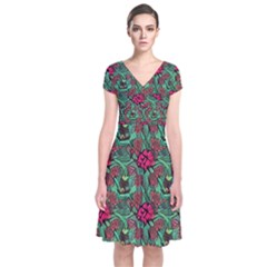 Retro 1880s Flowers Pattern 3 Short Sleeve Front Wrap Dress