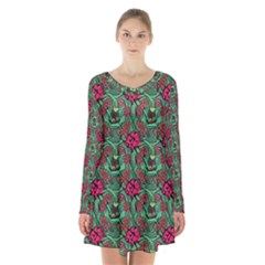 Retro 1880s Flowers Pattern 3 Long Sleeve Velvet V-neck Dress