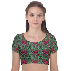 Retro 1880s Flowers Pattern 3 Velvet Short Sleeve Crop Top 