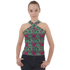 Retro 1880s Flowers Pattern 3 Cross Neck Velour Top by violetheavensky