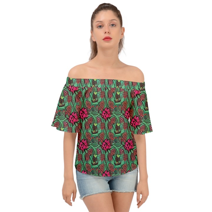 Retro 1880s Flowers Pattern 3 Off Shoulder Short Sleeve Top