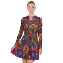 Mid Century Retro Floral 1970s 1960s Pattern 69 Long Sleeve Panel Dress