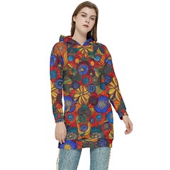 Mid Century Retro Floral 1970s 1960s Pattern 69 Women s Long Oversized Pullover Hoodie