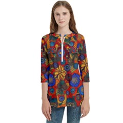 Mid Century Retro Floral 1970s 1960s Pattern 69 Women s Zip Front V-neck 3/4 Sleeve Casual Top Pocket Shirt