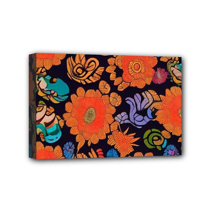 Mid Century Retro Floral 1970s 1960s Pattern 49 Mini Canvas 6  x 4  (Stretched)