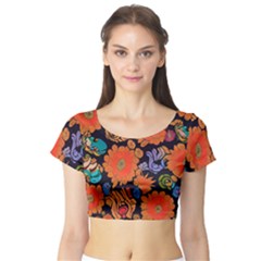 Mid Century Retro Floral 1970s 1960s Pattern 49 Short Sleeve Crop Top