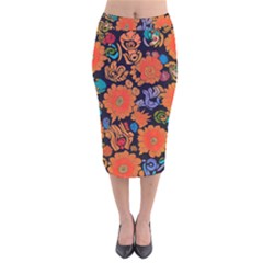 Mid Century Retro Floral 1970s 1960s Pattern 49 Velvet Midi Pencil Skirt