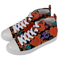 Mid Century Retro Floral 1970s 1960s Pattern 49 Women s Mid-top Canvas Sneakers by violetheavensky