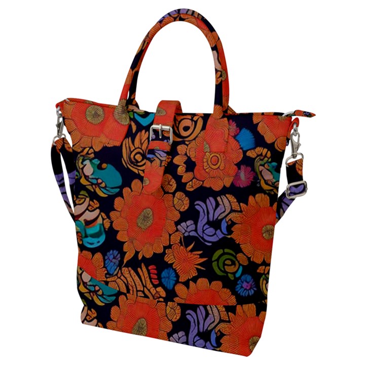 Mid Century Retro Floral 1970s 1960s Pattern 49 Buckle Top Tote Bag