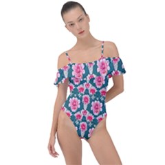 Retro 1880s Flowers Pattern 22 Frill Detail One Piece Swimsuit