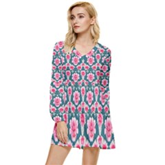 Retro 1880s Flowers Pattern 22 Tiered Long Sleeve Mini Dress