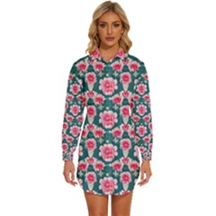 Retro 1880s Flowers Pattern 22 Womens Long Sleeve Shirt Dress