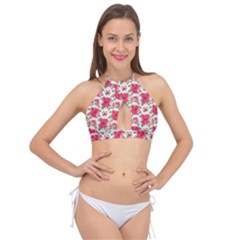 Retro 1880s Flowers Pattern 14 Cross Front Halter Bikini Top