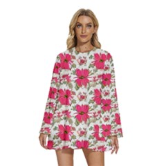 Retro 1880s Flowers Pattern 14 Round Neck Long Sleeve Bohemian Style Chiffon Mini Dress