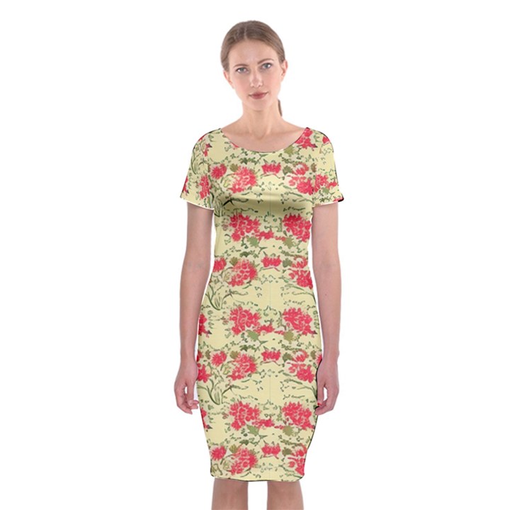 Retro 1880s Flowers Pattern 18 Classic Short Sleeve Midi Dress