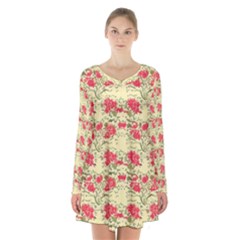 Retro 1880s Flowers Pattern 18 Long Sleeve Velvet V-neck Dress