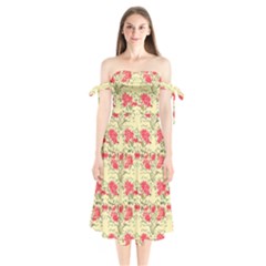 Retro 1880s Flowers Pattern 18 Shoulder Tie Bardot Midi Dress