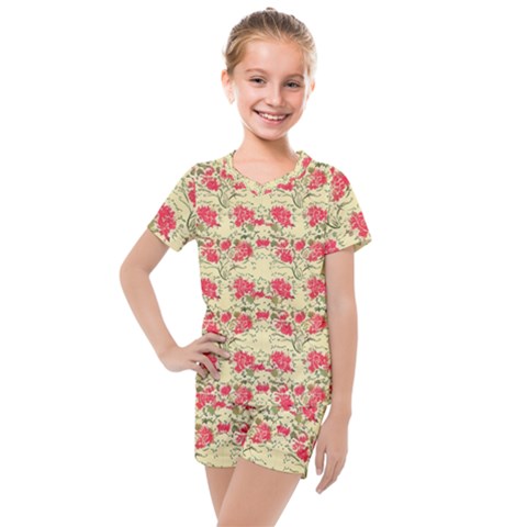 Retro 1880s Flowers Pattern 18 Kids  Mesh T-shirt And Shorts Set by violetheavensky