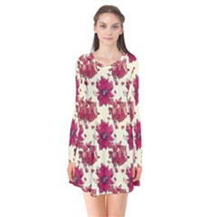 Retro 1880s Flowers Pattern 21 Long Sleeve V-neck Flare Dress