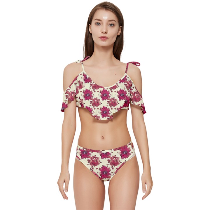 Retro 1880s Flowers Pattern 21 Ruffle Edge Tie Up Bikini Set	