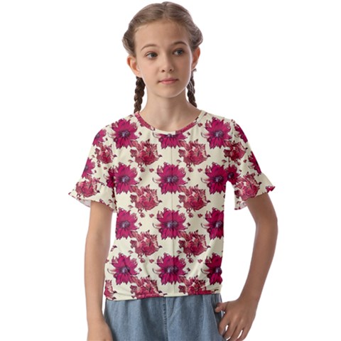 Retro 1880s Flowers Pattern 21 Kids  Cuff Sleeve Scrunch Bottom T-shirt by violetheavensky