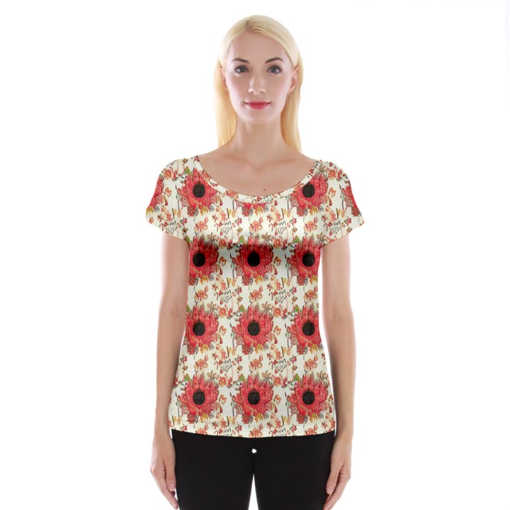 Retro 1880s Flowers Pattern 23 Cap Sleeve Top