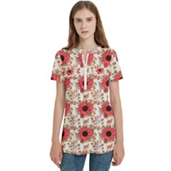 Retro 1880s Flowers Pattern 23 Women s Zip Front V-neck Short Sleeve Casual Top Pocket Shirt